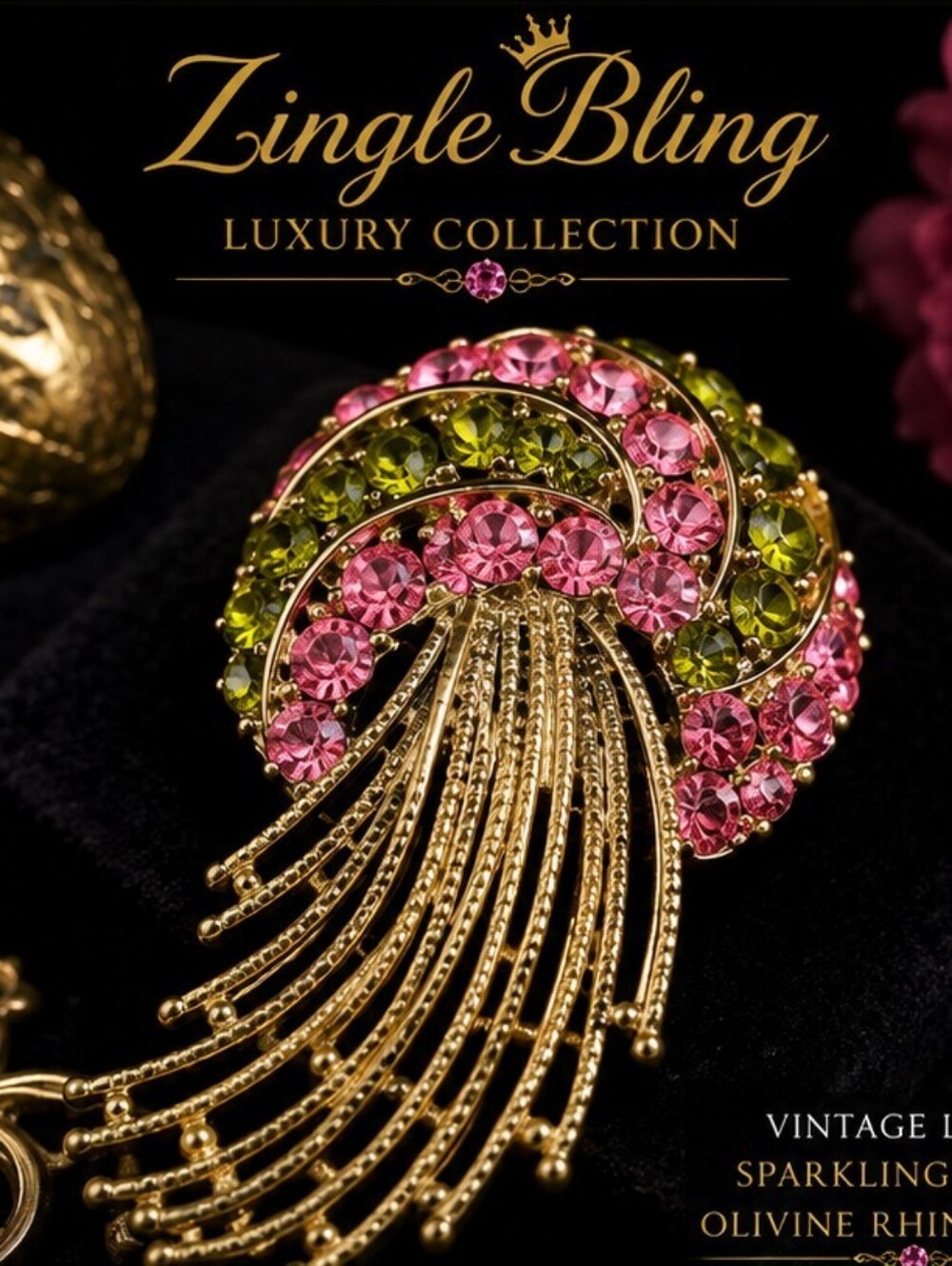 Vintage LISNER Pink & Olivine Rhinestone Gold Tone Swirl Brooch Statement Pin